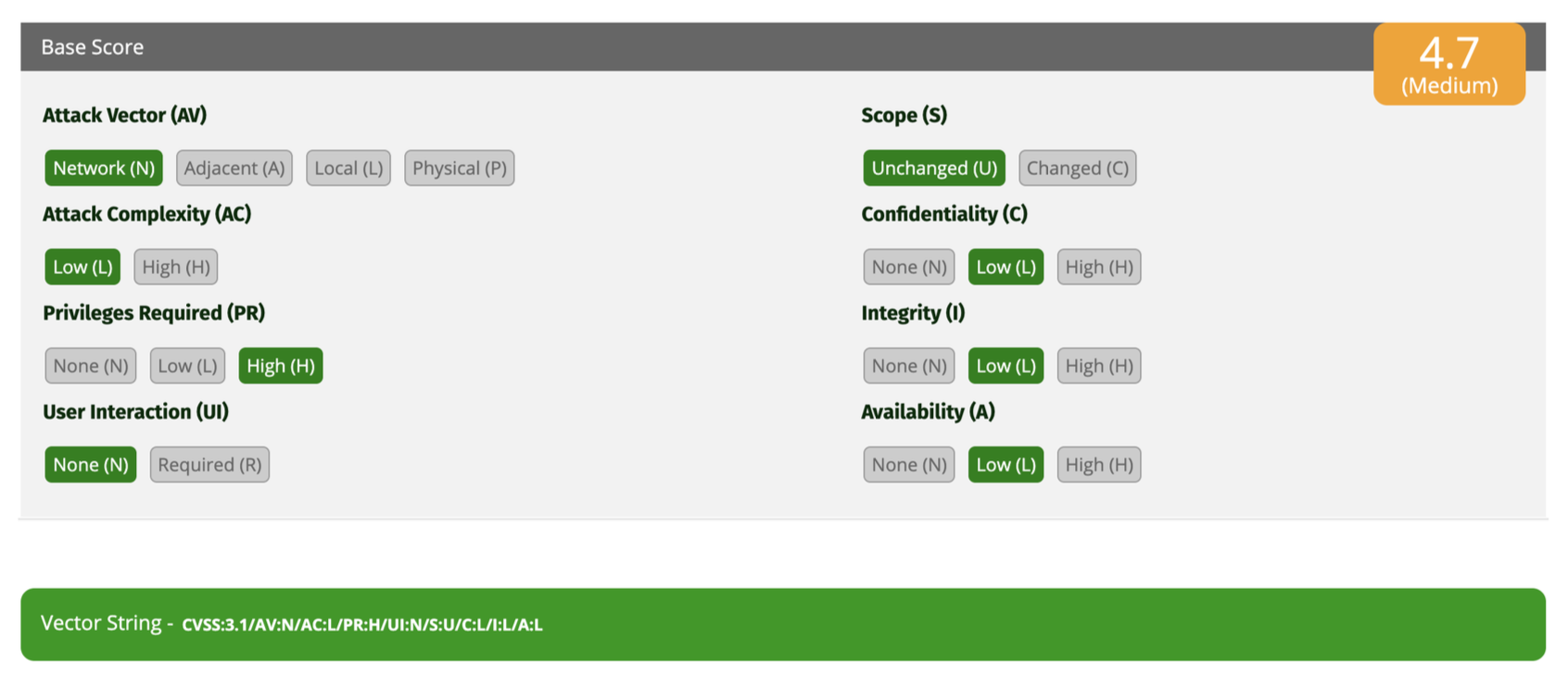 Cálculo del Vector CVSS v3.1 - Score 4.7